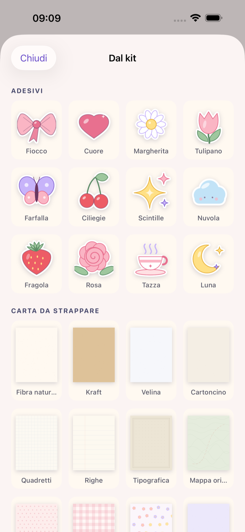 Il kit di Lembi con dodici adesivi illustrati e la carta da strappare